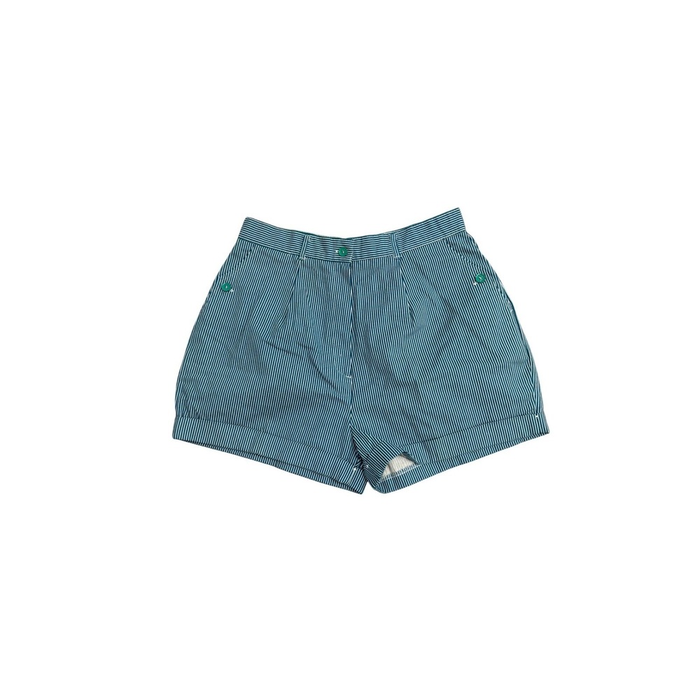 Vintage High Waisted Teal White Striped Pleated Cuffed Shorts Womens Size 29